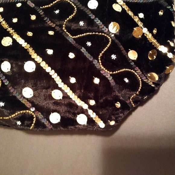 NWOT Black Velvet Shoulder Bag/Tote, Gold Sequins & Beads - Picture 4 of 13